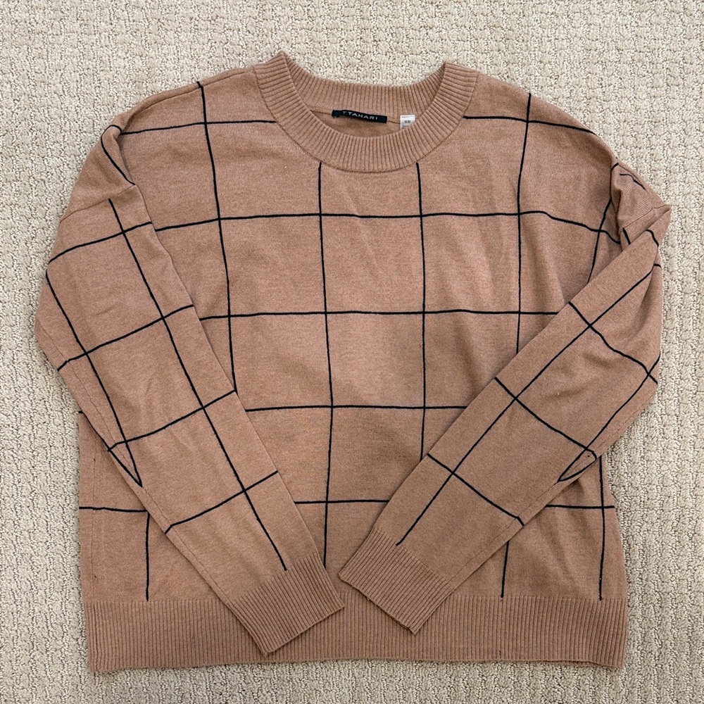T Tahari Tan Grid Pattern Crewneck Sweater
